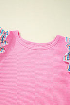 Striped Ruffle Flutter Sleeve Ribbed Blouse