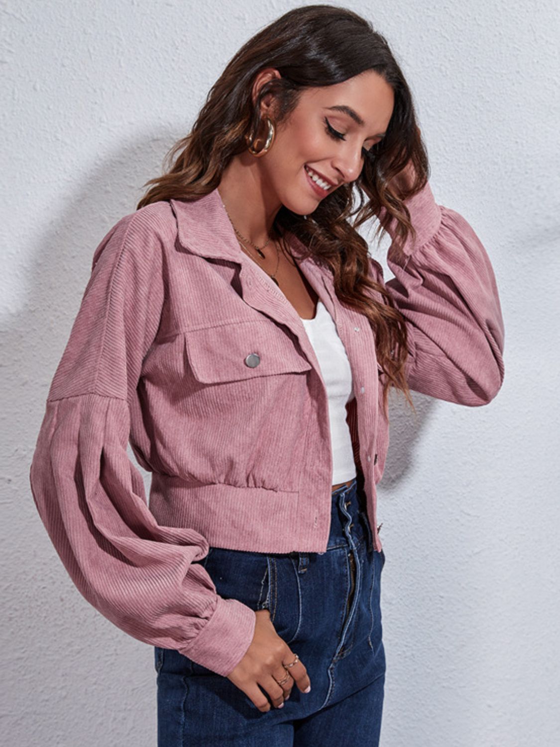Button Down Collared Neck Cropped Jacket - felvior