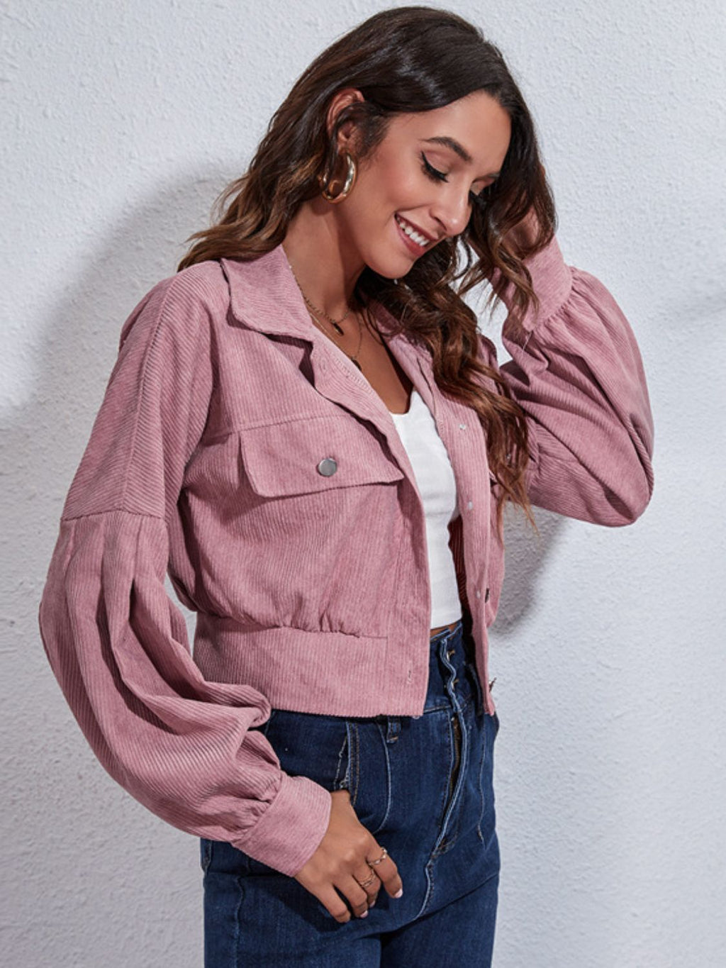 Button Down Collared Neck Cropped Jacket