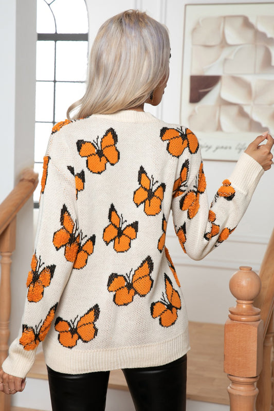 Butterfly Round Neck Long Sleeve Sweater - felvior