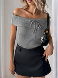 Perfee Tied Off-Shoulder Short Sleeve Knit Top - felvior