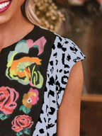 Full Size Leopard Floral Notched Cap Sleeve Blouse Plus Size