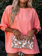 Round Neck Three-Quarter Sleeve Blouse