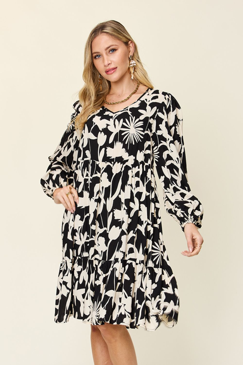 Double Take Full Size Printed Ruffle Hem Dress with Pocket - felvior