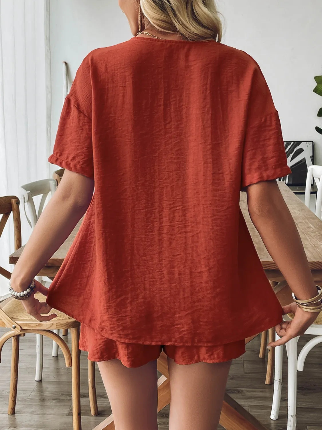 Tie Front Short Sleeve Top and Shorts Set - felvior