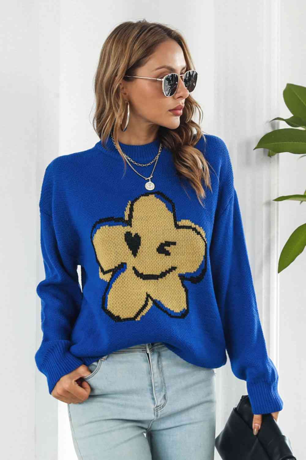 Flower Graphic Drop Shoulder Sweater - felvior