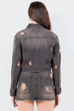 American Bazi Full Size Distressed Star Stud Trim Denim Rider Jacket Plus Size - felvior
