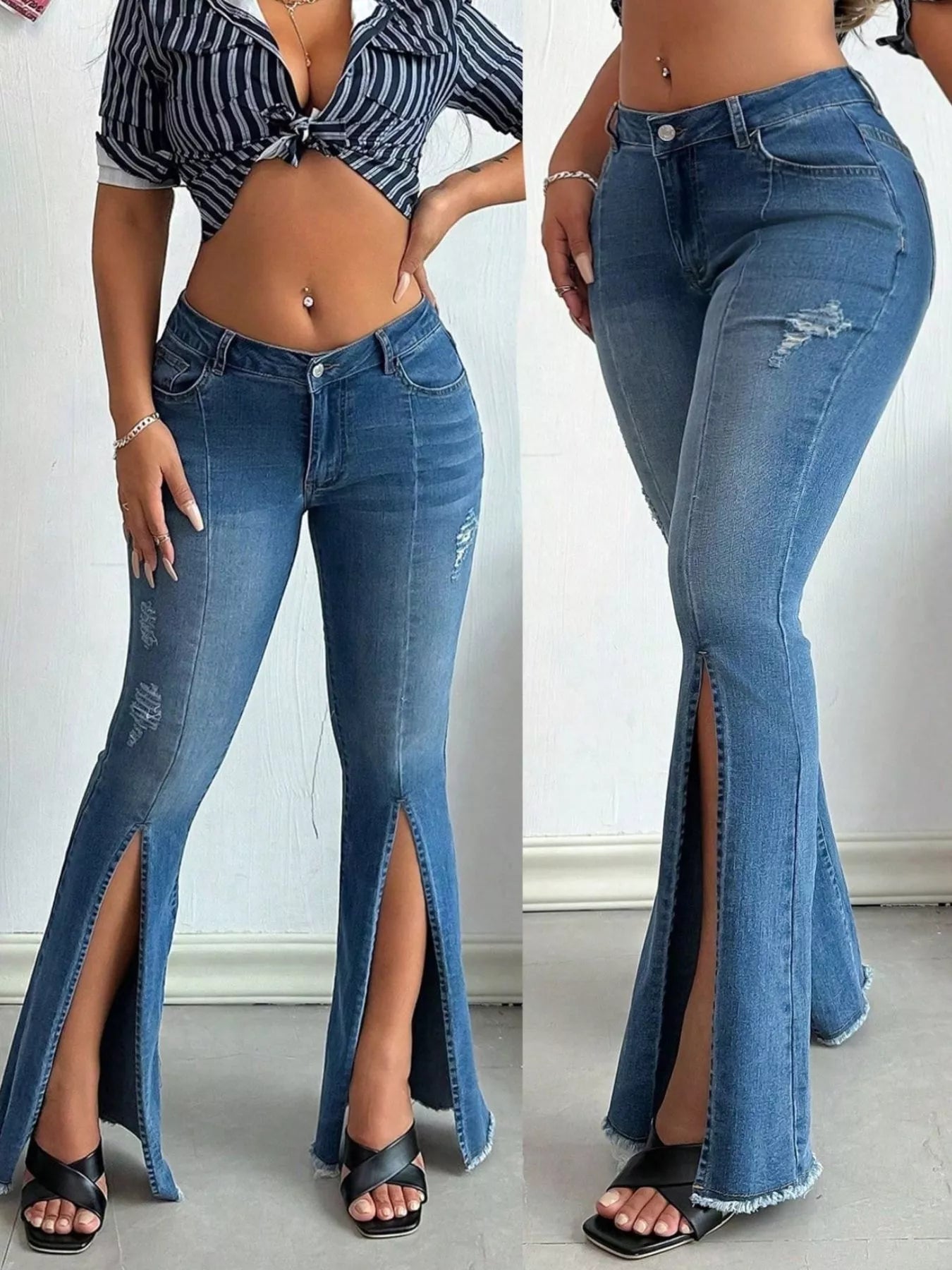 Distressed Slit Flare Jeans Secondary image