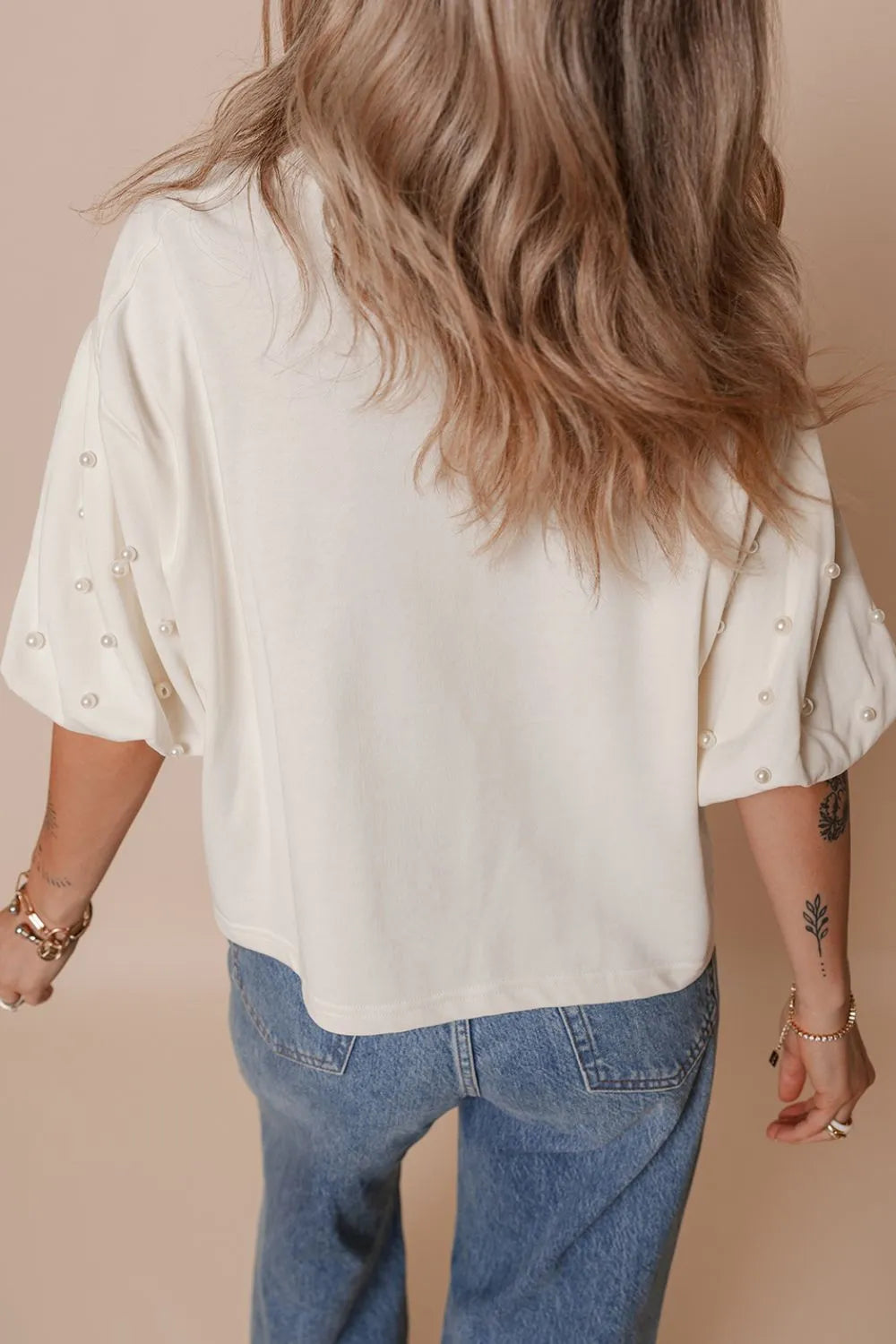 AMERICA EST 1776 Embroidered Pearl Beaded Sleeve T Shirt