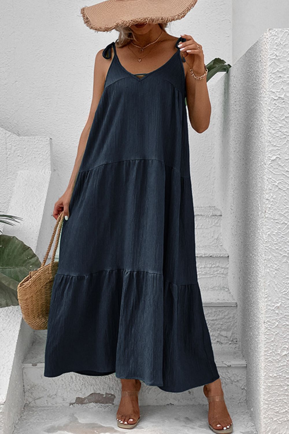 Perfee Tie-Shoulder Tiered Maxi Dress - felvior