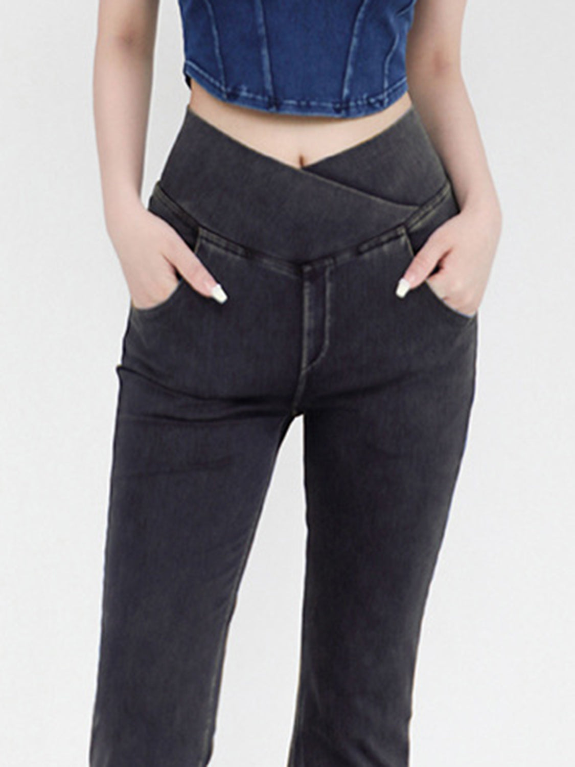 Wide Waistband Bootcut Jeans with Pockets - felvior