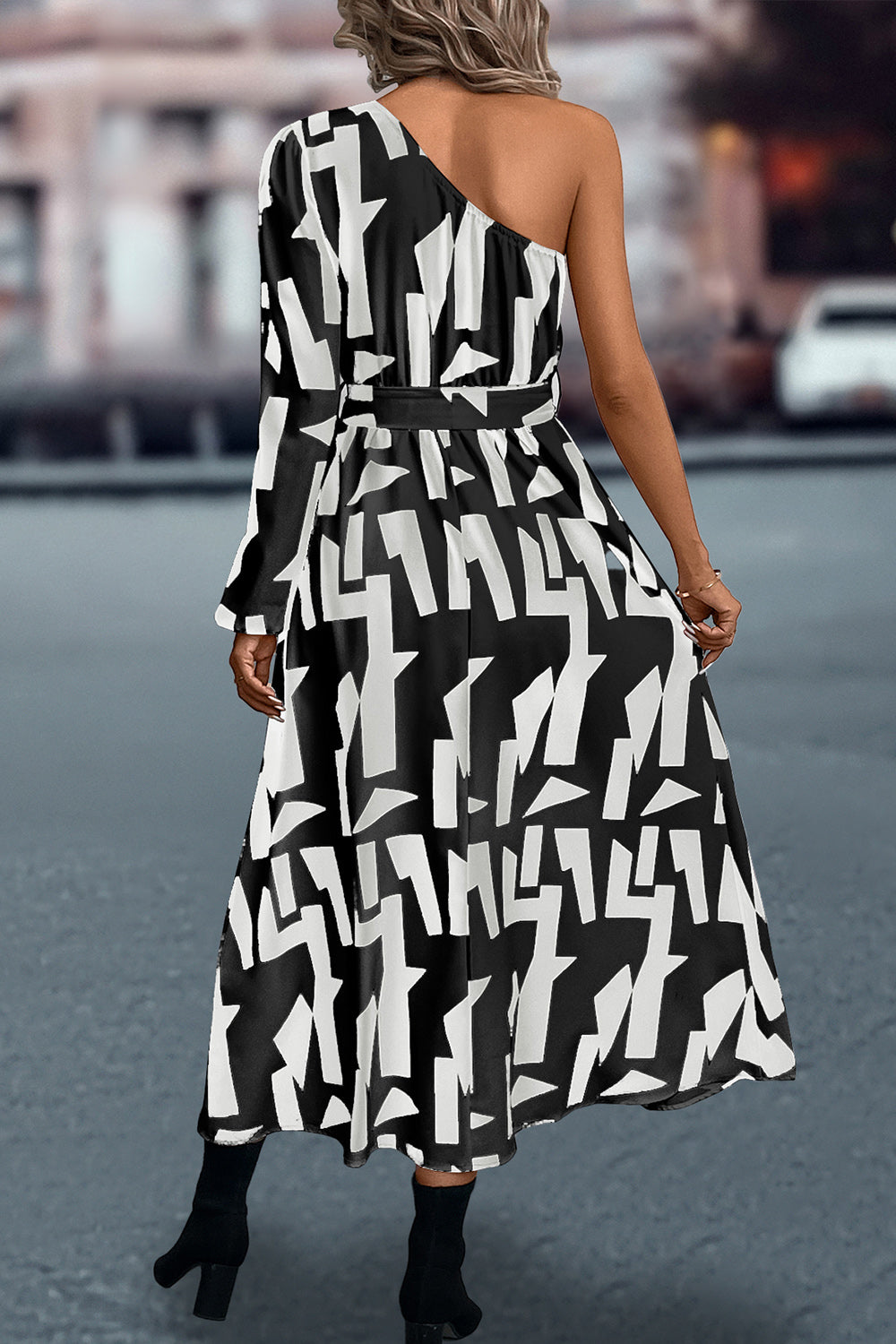 Printed One-Shoulder Tie Waist Dress - felvior