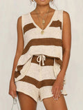 V-Neck Sleeveless Top and Drawstring Shorts Sweater Set - felvior