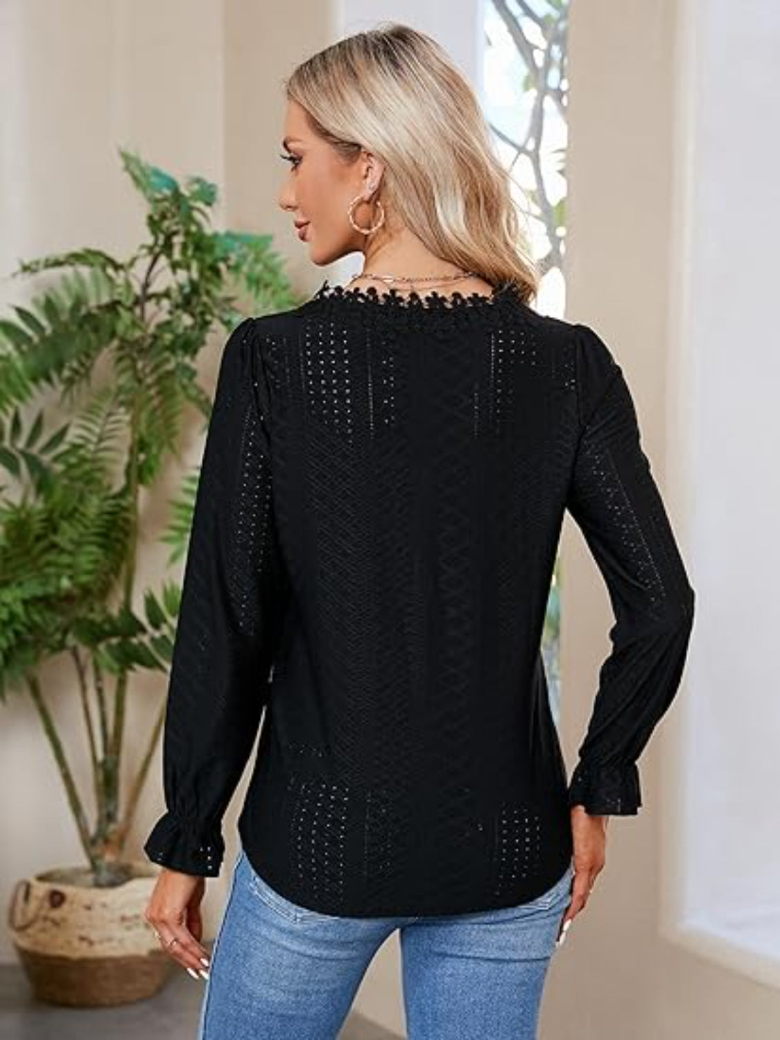 Lace Detail Eyelet V-Neck Flounce Sleeve Blouse - felvior