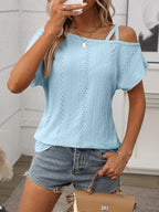 Eyelet Asymmetrical Shoulder Short Sleeve T-Shirt
