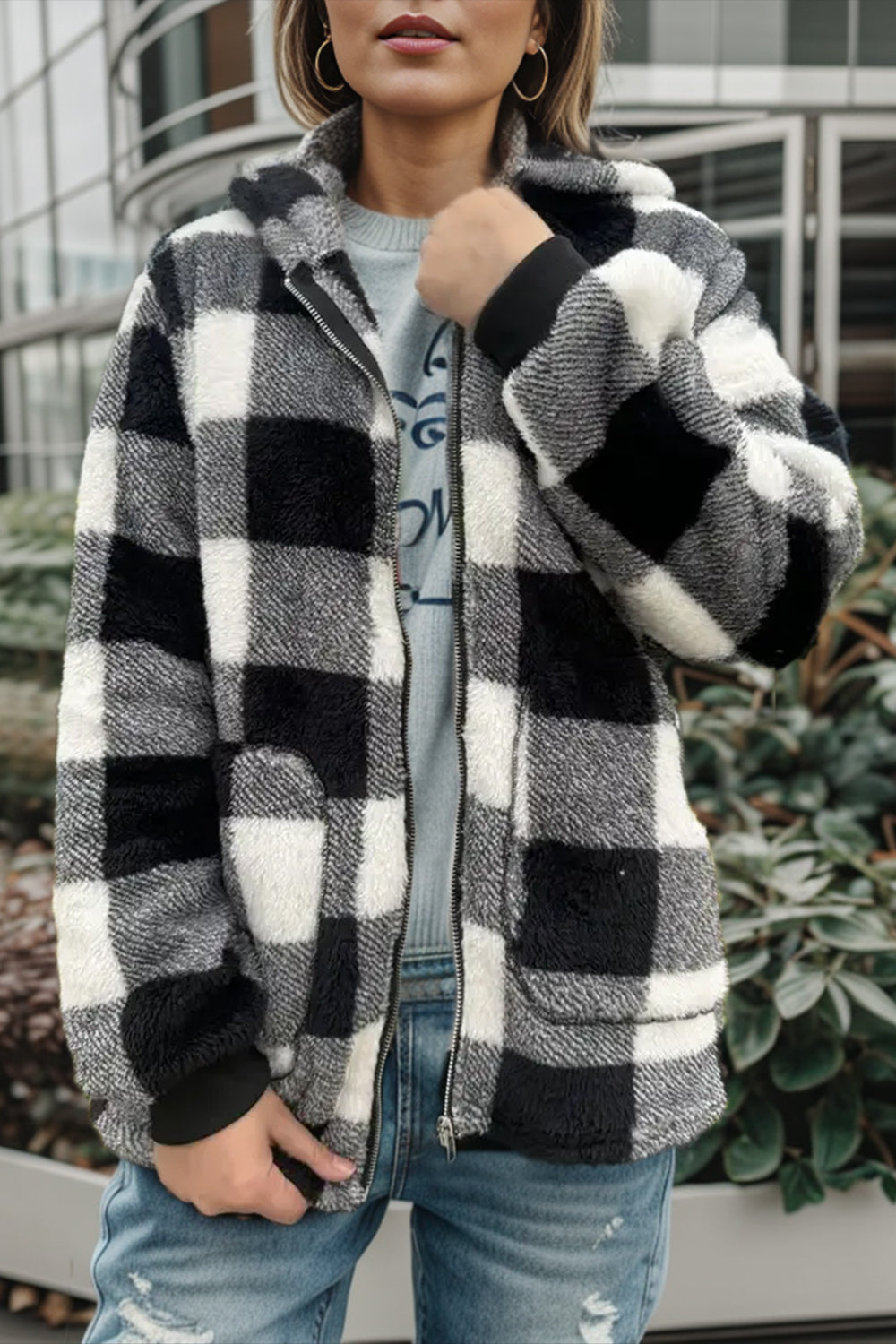 Double Take Full Size Plaid Long Sleeve Hooded Coat - felvior