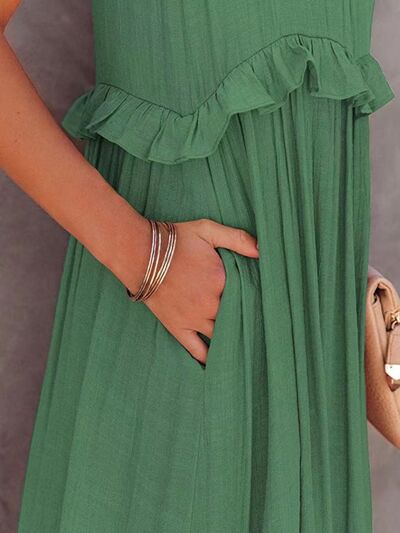 Ruffled Sleeveless Tiered Maxi Dress with Pockets - felvior