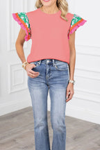 Ruffled Round Neck Cap Sleeve Top