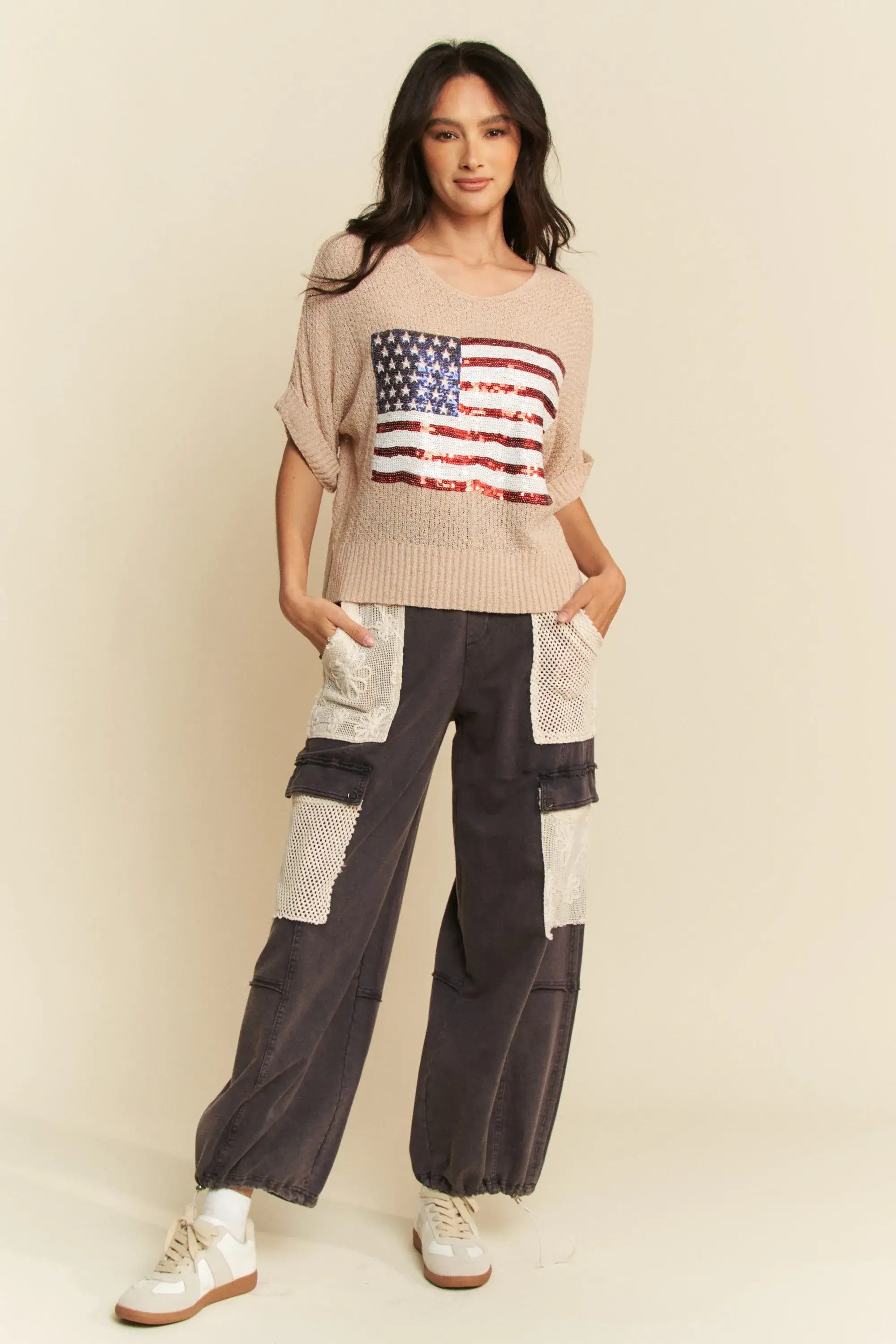 Davi & Dani Sequin American Flag Patch Short Sleeve Knit Top