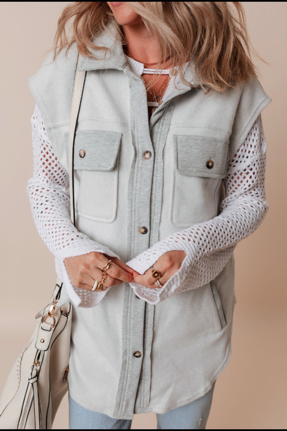 Pocketed Curved Hem Button Up Vest - felvior