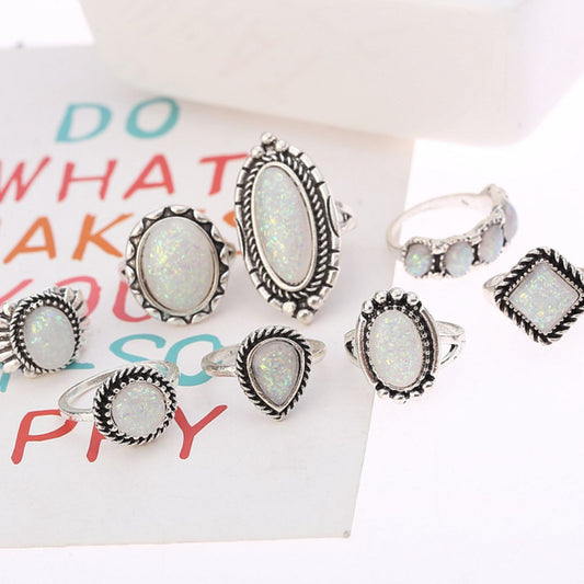 Opal Alloy Geometric Ring 8-Piece Set - felvior