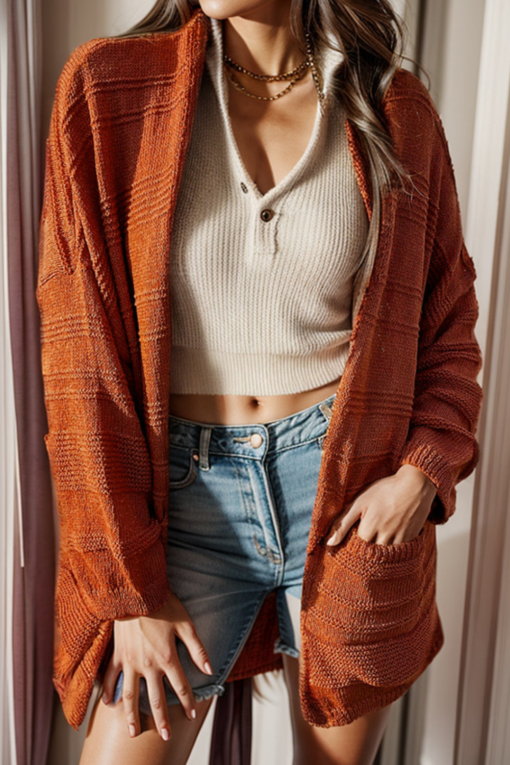 Open Front Textured Cardigan with Pockets - felvior