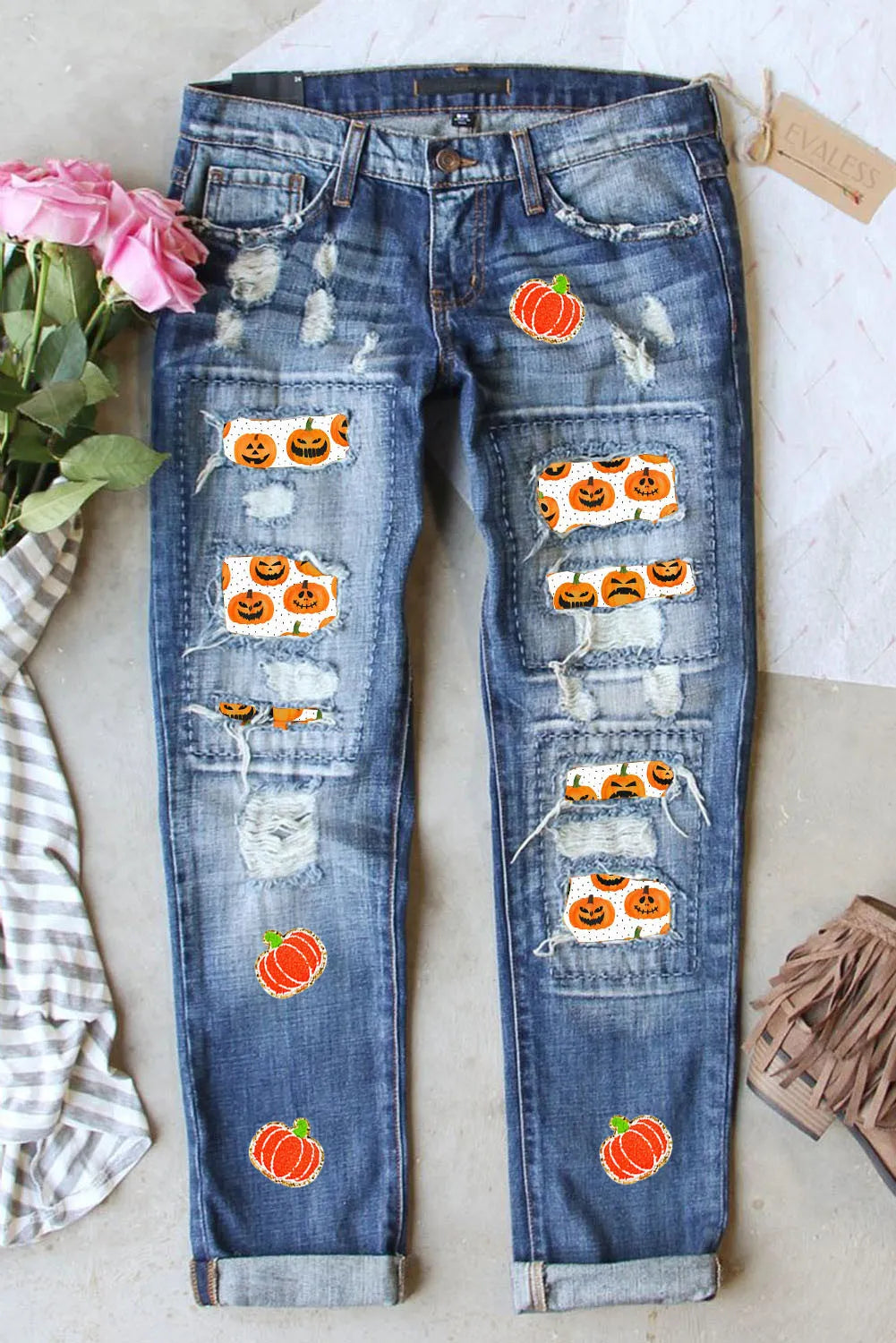 Distressed Pumpkin Jeans with Pockets - felvior