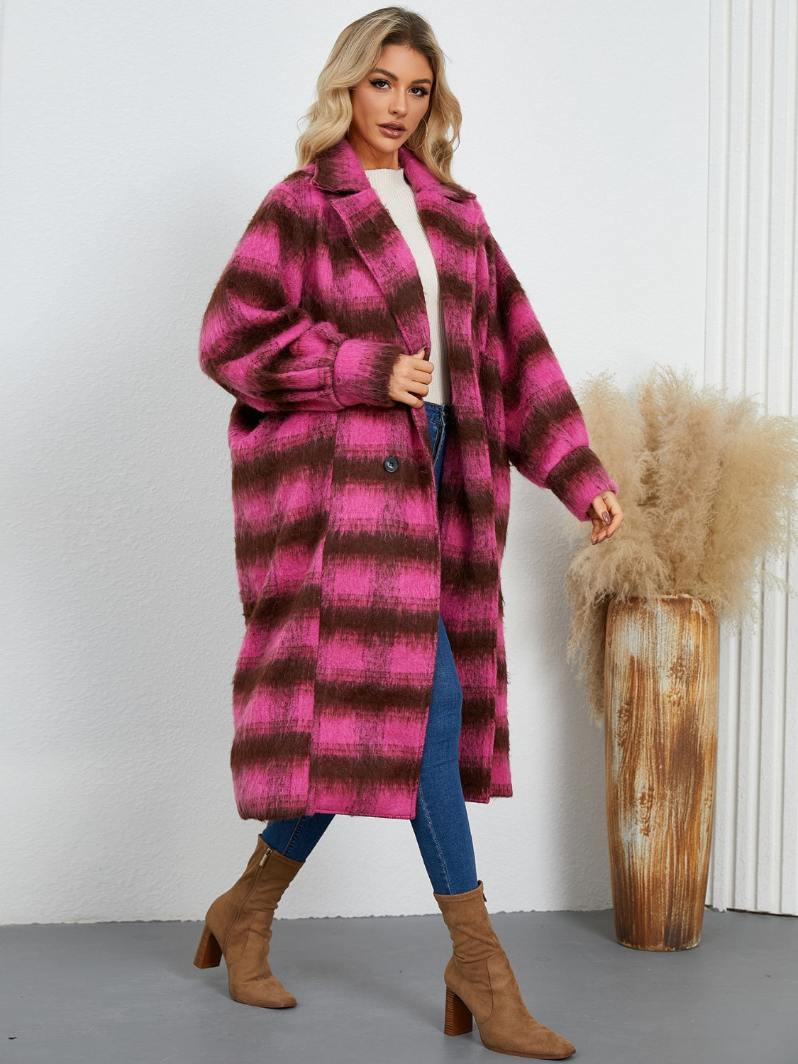 Contrast Double-Breasted Long Sleeve Longline Coat - felvior