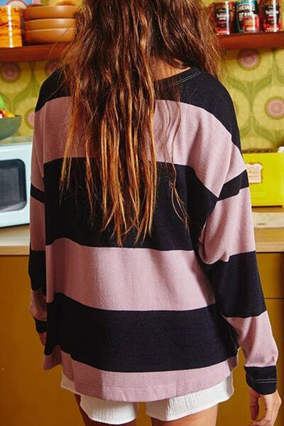 High-Low Color Block Round Neck Long Sleeve T-Shirt - felvior