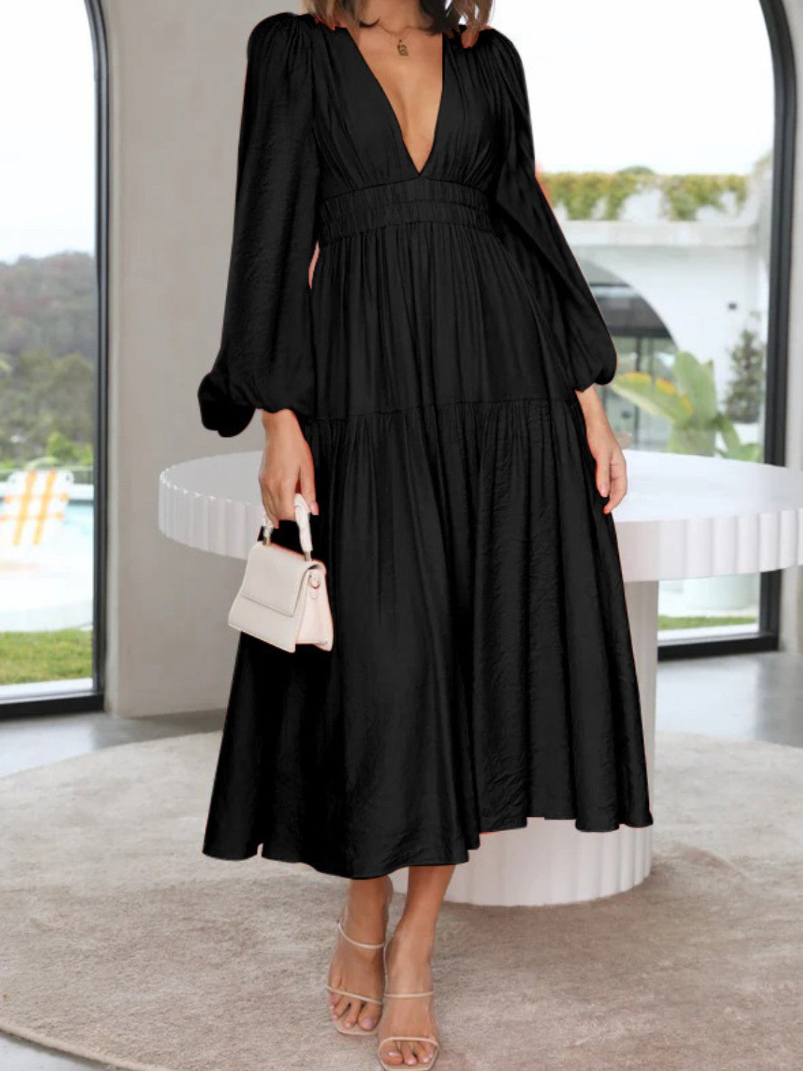Deep V-Neck Balloon Sleeve Plain Maxi Dress - felvior