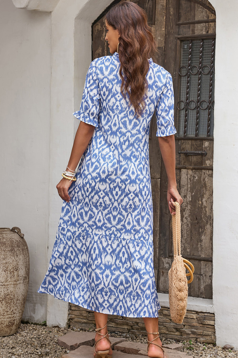 Printed Tassel Tie Flounce Sleeve Dress - felvior