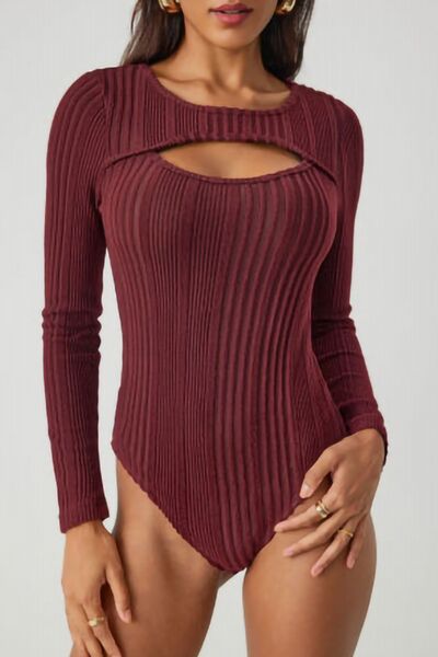 Ribbed Cutout Round Neck Bodysuit - felvior