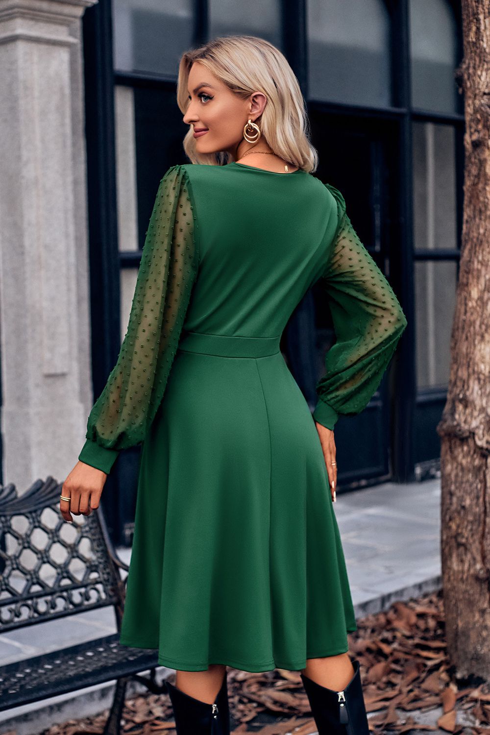 Surplice Neck Swiss Dot Long Sleeve Dress - felvior