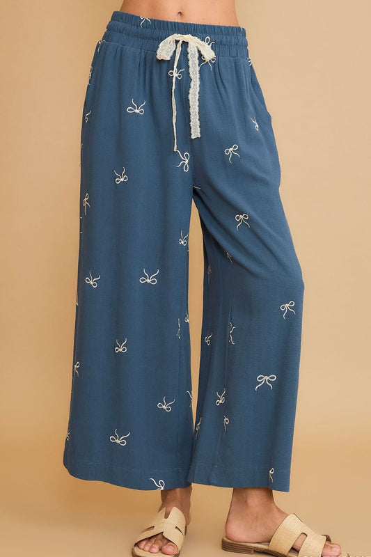 Umgee Full Size Lace Drawstring Embroidered Bow Wide Leg Pants Plus Size - felvior