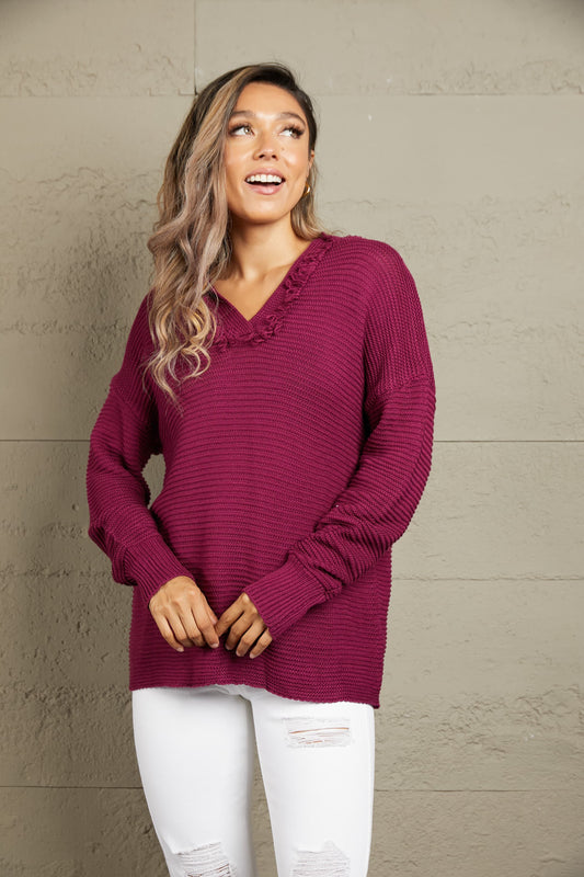 Woven Right Horizontal Ribbing Fringe Trim Hooded Sweater - felvior