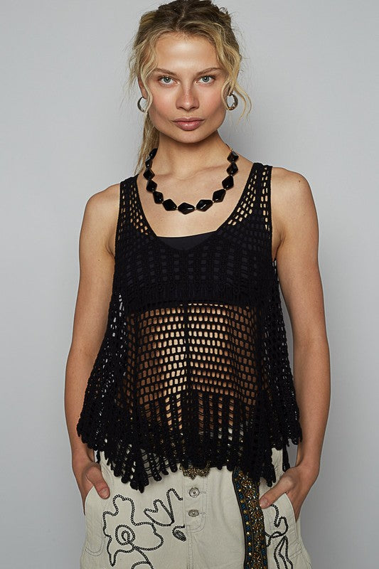 POL V-Neck Sleeveless Woven Crochet Knit Cover Up - felvior