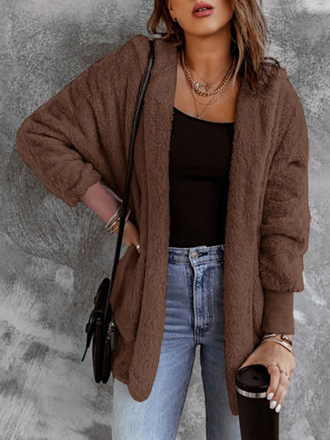 Open Front Hooded Faux Fur Outwear with Pockets - felvior