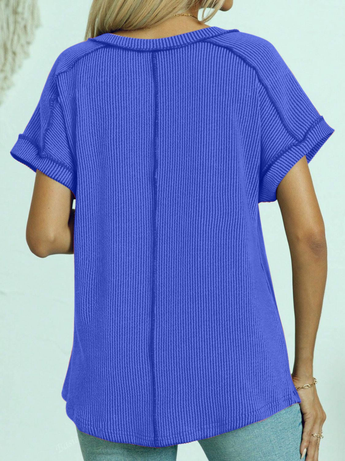 Exposed Seam V-Neck Short Sleeve Top - felvior