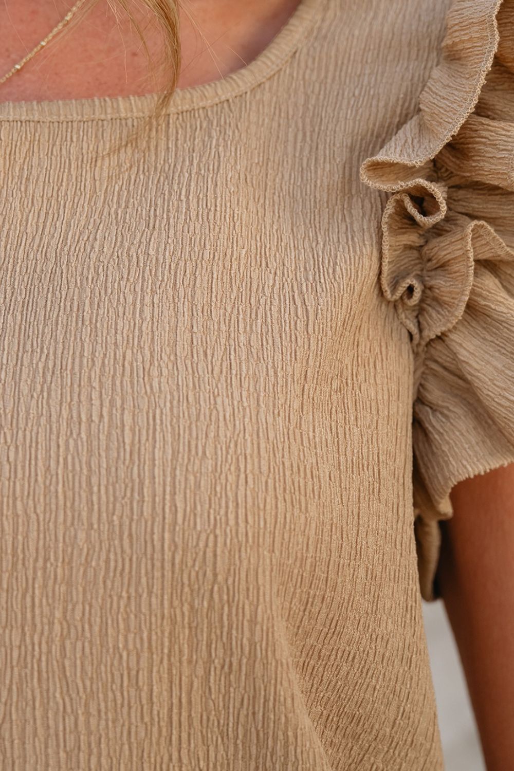 Ruffled Square Neck Textured Cap Sleeve Top - felvior