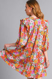 Umgee Full Size Ruffled Flower Print Tie Neck Tiered Dress Plus Size