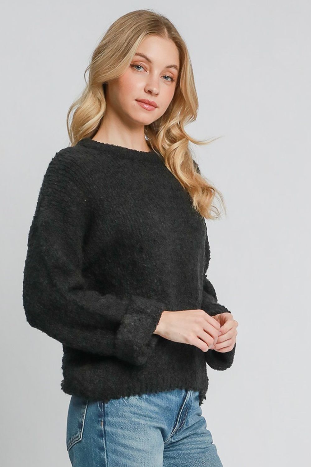 Umgee Full Size Round Neck Long Sleeve Boucle Sweater Plus Size - felvior