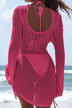 Hollow Out Bell Sleeve Drawstring Knit Cover Up Dress