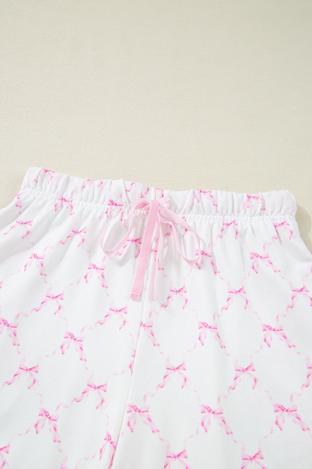 Bow Print Lettuce Trim Round Neck Top and Shorts Lounge Set