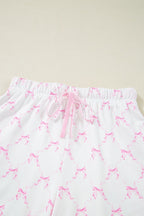 Bow Print Lettuce Trim Round Neck Top and Shorts Lounge Set