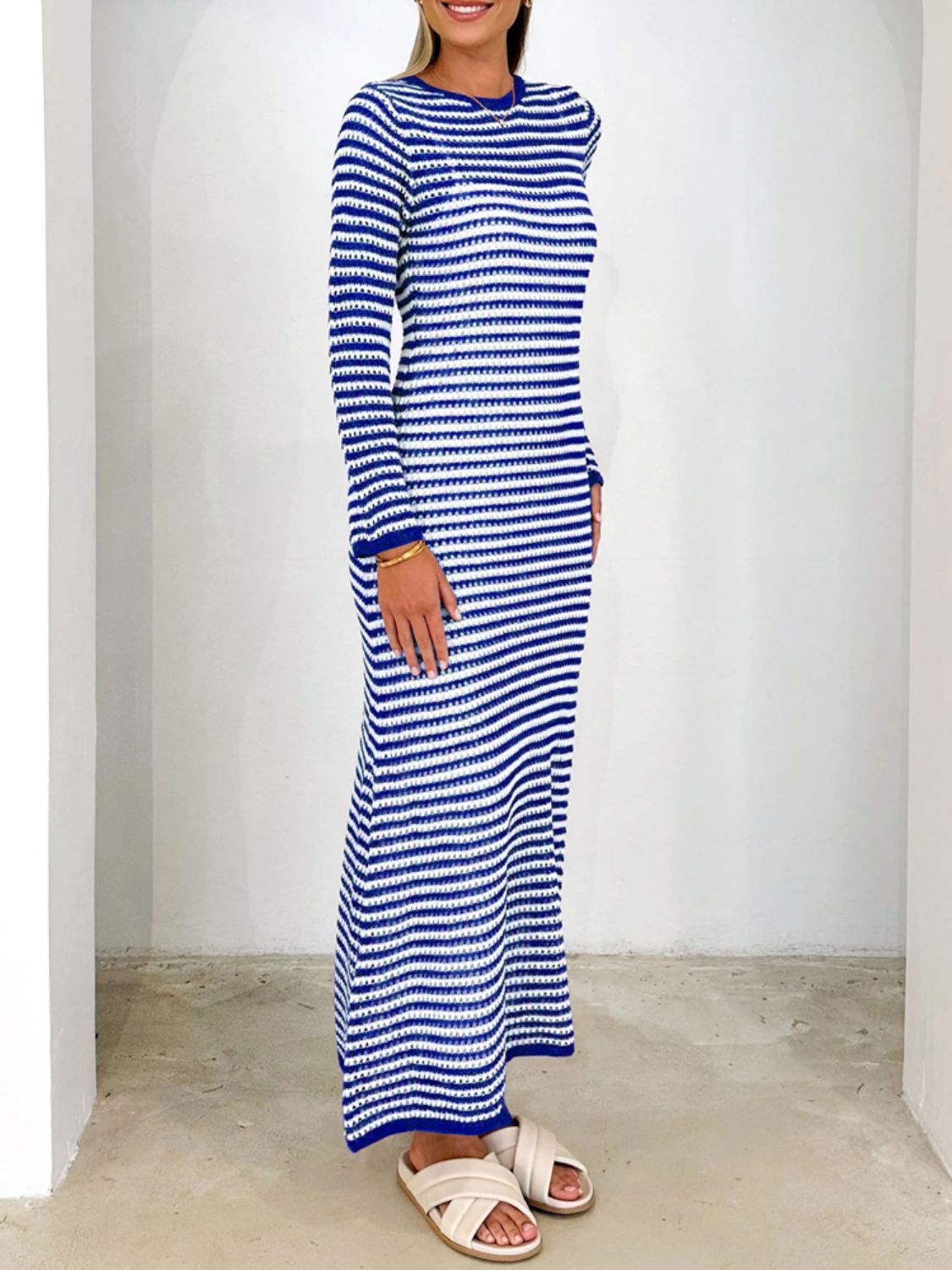 Devine Tied Round Neck Striped Sweater Dress - felvior