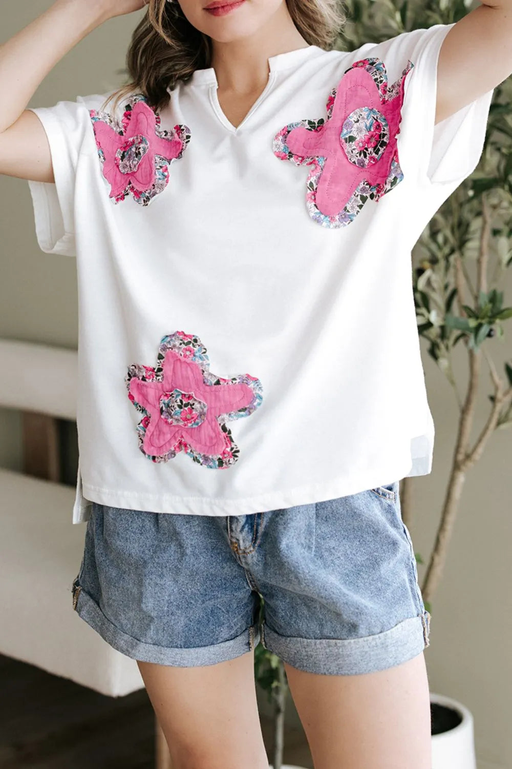 Floral Applique Notched Dolman Sleeve Top