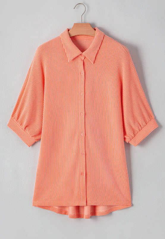 Corded Half Sleeve Button Up High Low Shirt - felvior