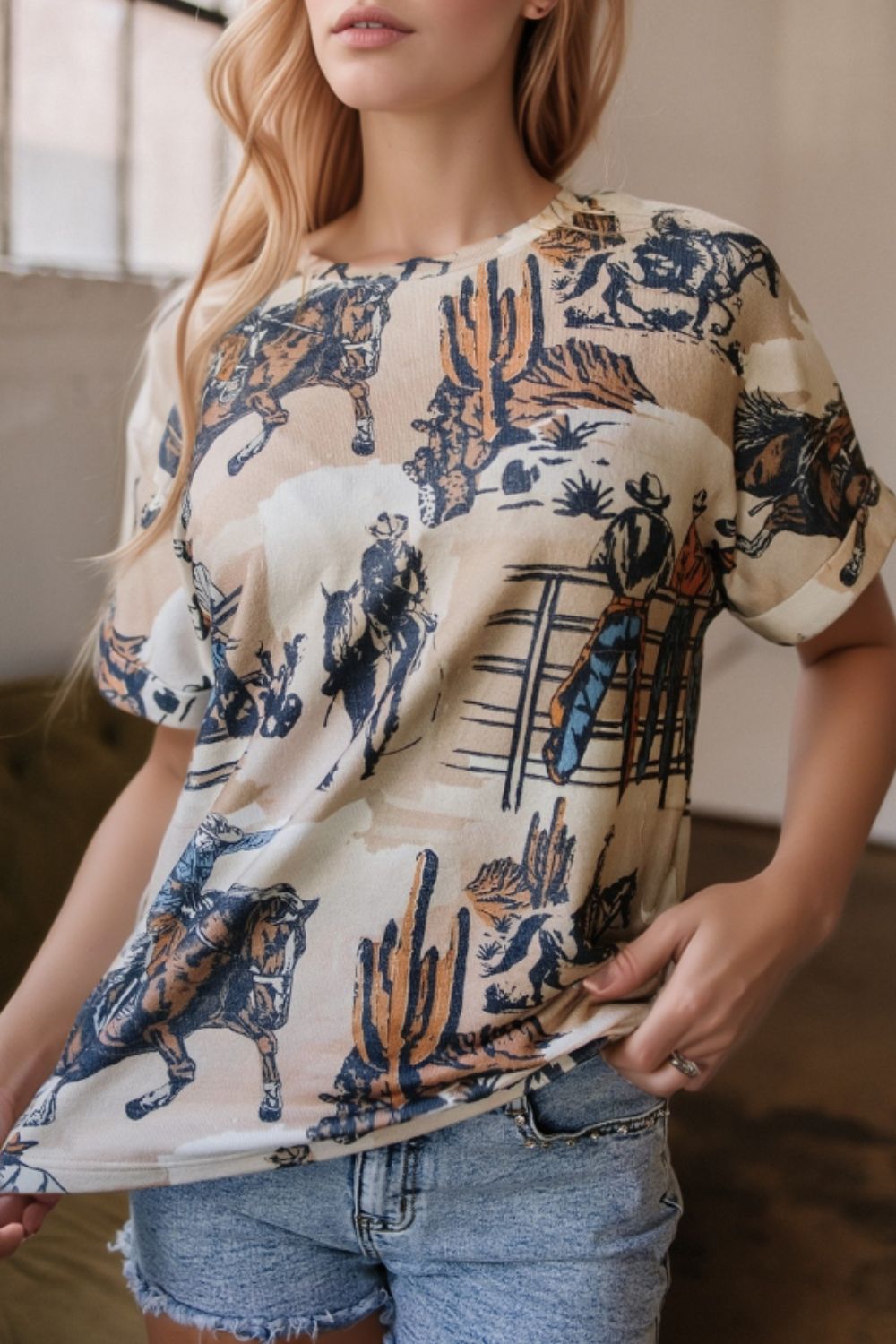 Cowboy Print Round Neck Short Sleeve T Shirt