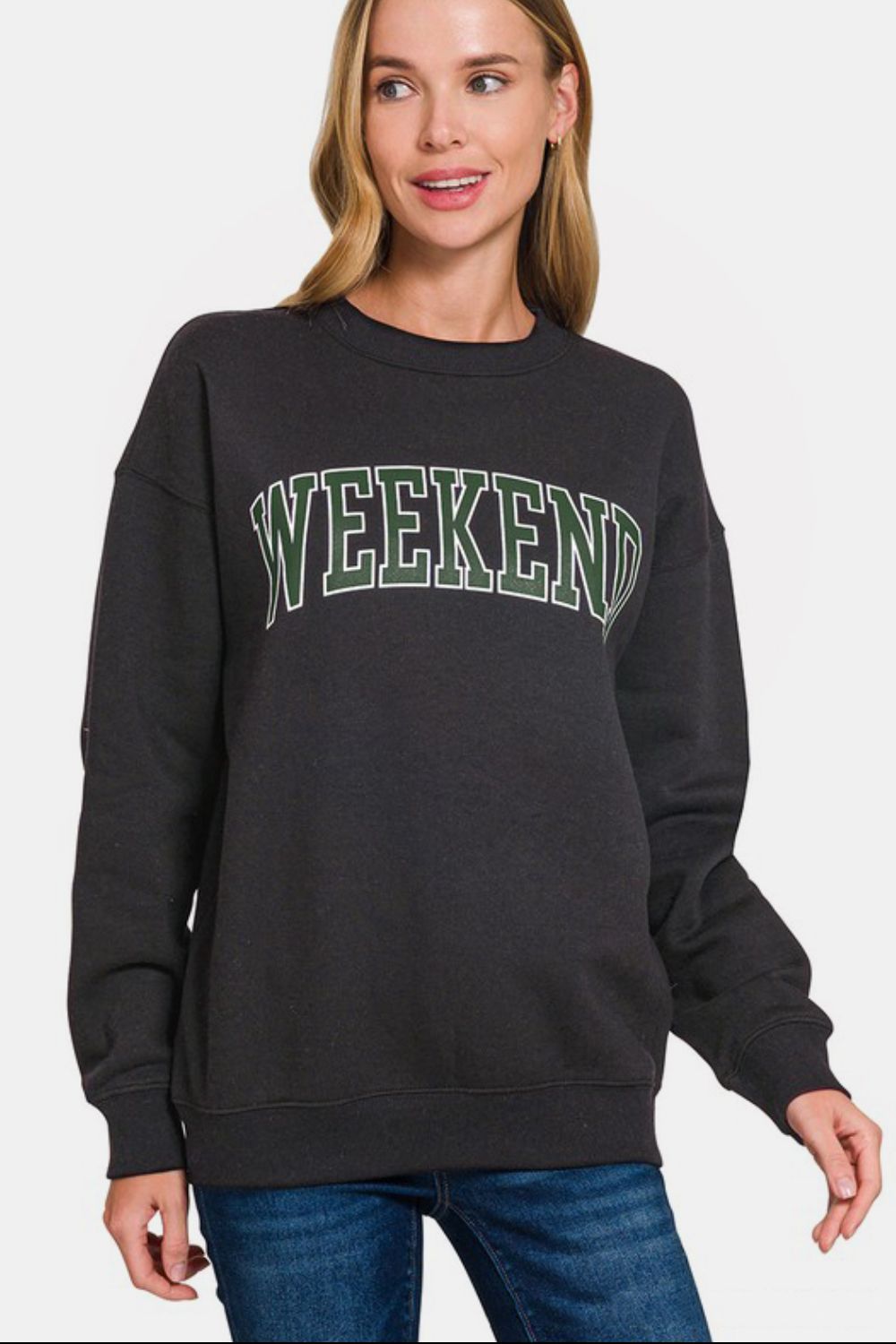Zenana WEEKEND Round Neck Dropped Shoulder Sweatshirt - felvior