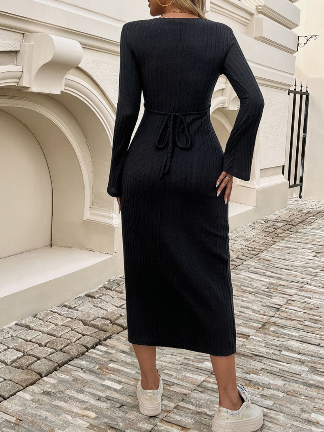 Devine Tied V-Neck Long Sleeve Sweater Dress - felvior